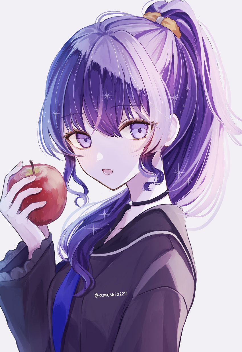 1girl, ameshi0227, apple, arm_at_side, asahina_mafuyu, backlighting, black_choker, black_sailor_collar