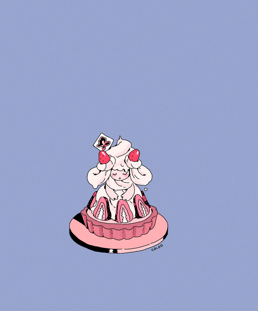 alcremie, alcremie_(strawberry_sweet), alcremie_(vanilla_cream), blue_background, choo, closed_eyes, creature_as_food, creature_focus