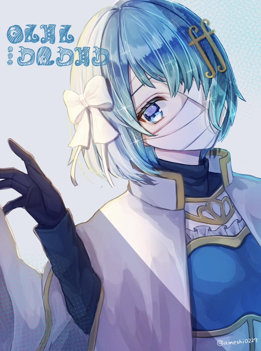 1girl, ameshi0227, bandage_over_one_eye, bandaged_head, bandages, black_gloves, blue_eyes, blue_hair
