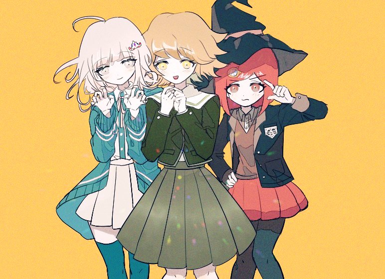 1boy, 2girls, black_hat, black_jacket, black_pantyhose, black_thighhighs, blazer, blue_gemstone