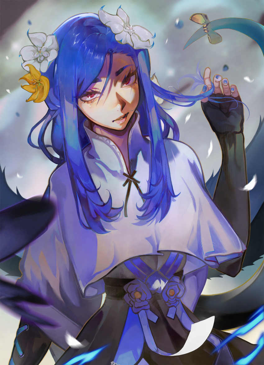 1girl, aekutie, angel_wings, black_gloves, blue_hair, blue_nails, braid, braided_ponytail, crop_top, dizzy_(guilty_gear), elbow_gloves, feathers, fingerless_gloves, flower, folded_hair, gloves, guilty_gear, guilty_gear_strive, hair_between_eyes, hair_flower, hair_ornament, hand_in_own_hair, highres, long_hair, looking_at_viewer, mature_female, nail_polish, open_mouth, parted_lips, queen_dizzy, red_eyes, ribbon, shaded_face, sidelocks, solo, swept_bangs, tail, tail_ornament, tail_ribbon, thick_eyebrows, thick_eyelashes, turtleneck, white_flower, wings, yellow_flower, yellow_ribbon