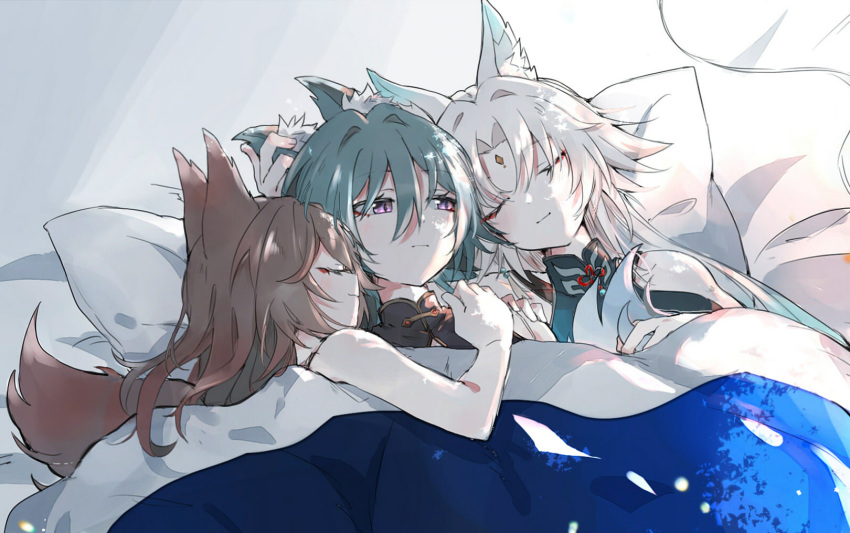 3girls, animal_ears, bare_arms, brown_hair, closed_eyes, closed_mouth, commentary, cuddling