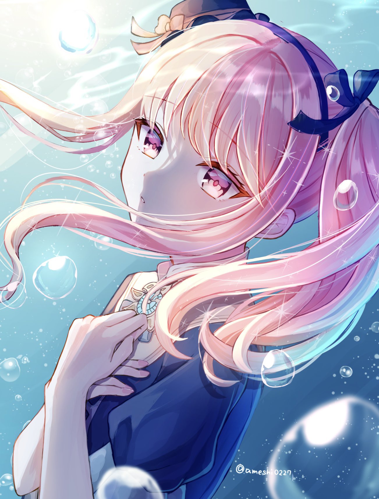1other, air_bubble, akiyama_mizuki, ameshi0227, black_hairband, black_ribbon, blue_dress, bow