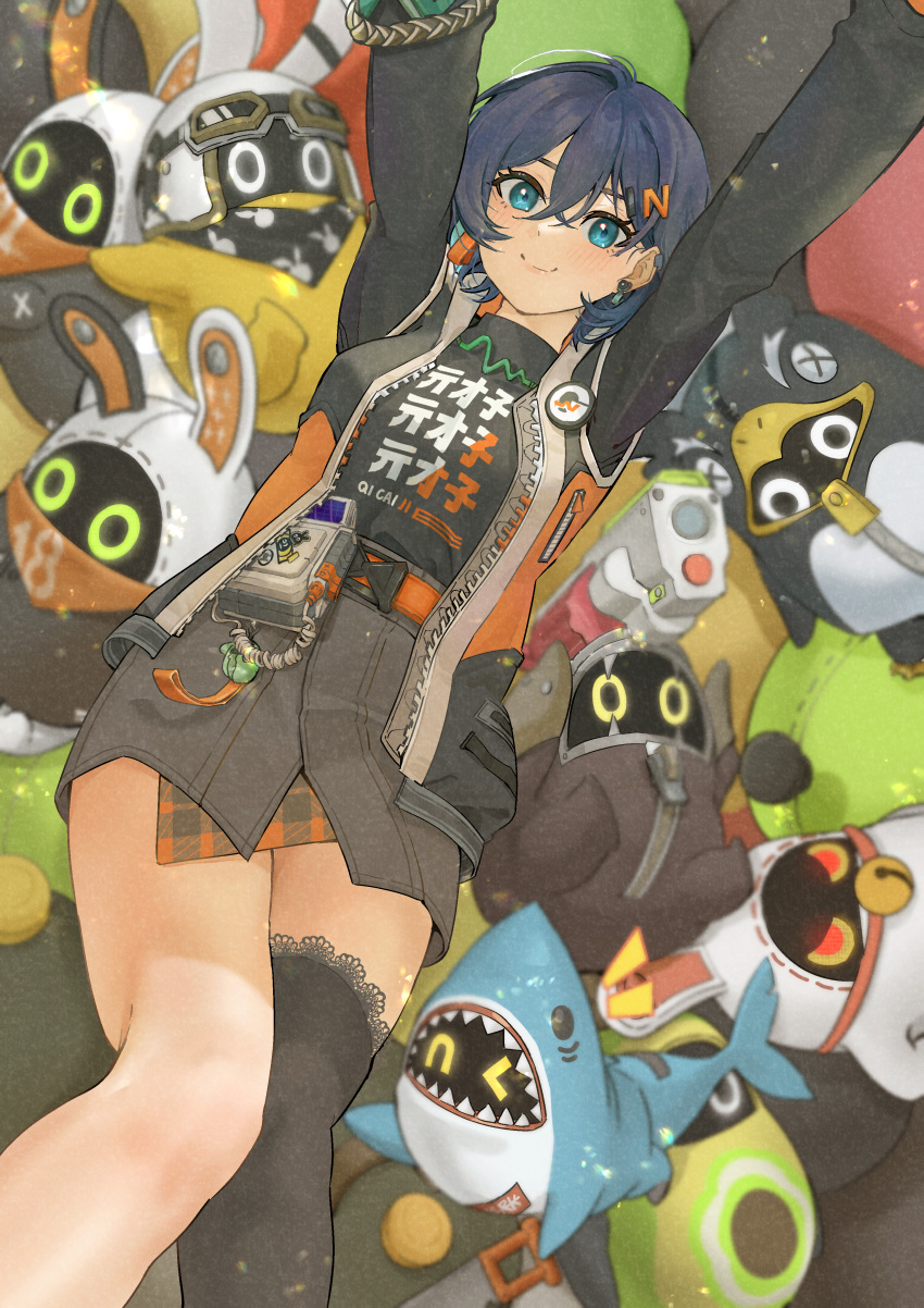 1girl, absurdres, arms_up, avocaboo_(zenless_zone_zero), badge, belle_(zenless_zone_zero), belt, black_shirt