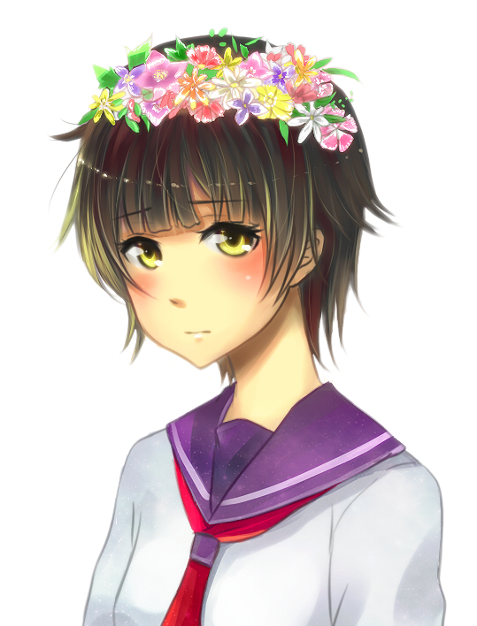 flower, hair_flower, hair_ornament, head_wreath, mp3_(wumingmp3), school_uniform, serafuku, short_hair, simple_background, to_aru_kagaku_no_railgun, to_aru_majutsu_no_index, uiharu_kazari, yellow_eyes