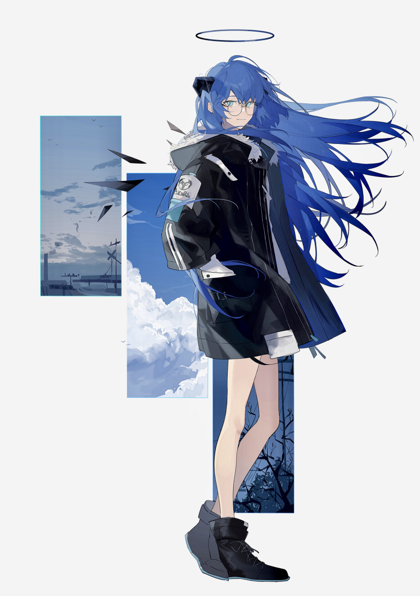 1girl, absurdres, ankle_boots, arknights, azure_silan, bespectacled, black_coat, black_footwear
