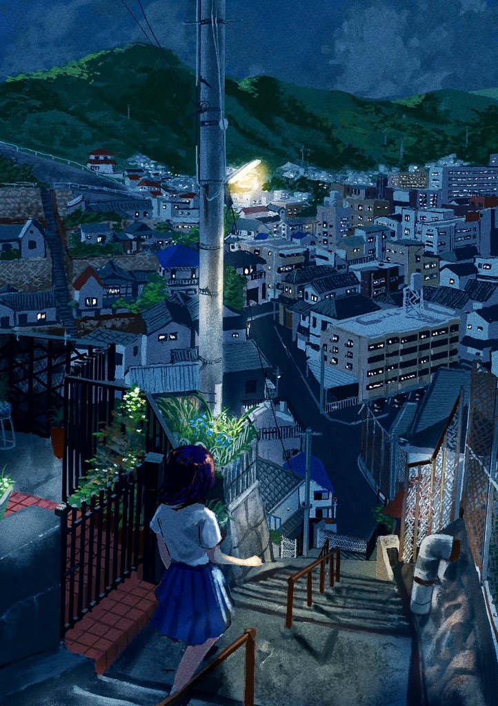 1girl, black_hair, blue_skirt, cityscape, commentary, lamppost, meanstreet, mountainous_horizon