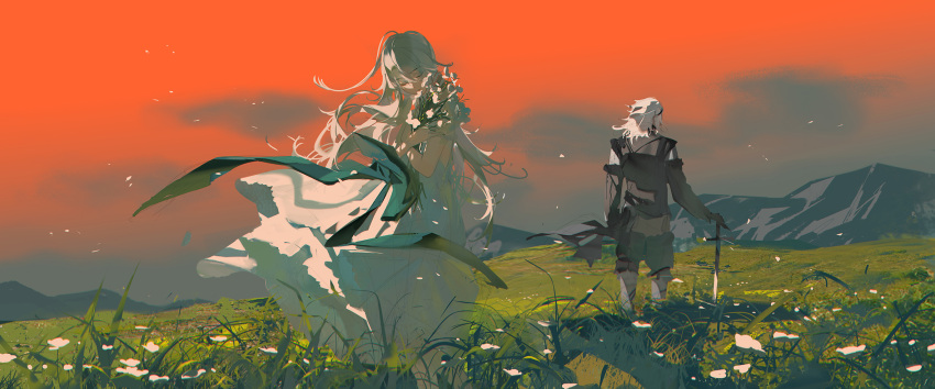 1boy, 1girl, bouquet, brother_and_sister, chanc030, closed_eyes, dress, dress_ribbon, evening, falling_petals, field, flower, gloves, grass, highres, holding, holding_bouquet, long_hair, lunar_tear, mountain, nier, nier_(brother), nier_(series), orange_sky, outdoors, petals, short_hair, siblings, sideless_dress, sky, standing, very_long_hair, white_dress, white_flower, white_hair, yonah