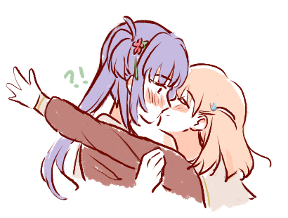 !?, 2girls, blush, brown_dress, closed_eyes, cropped_shoulders, crossed_bangs, dress