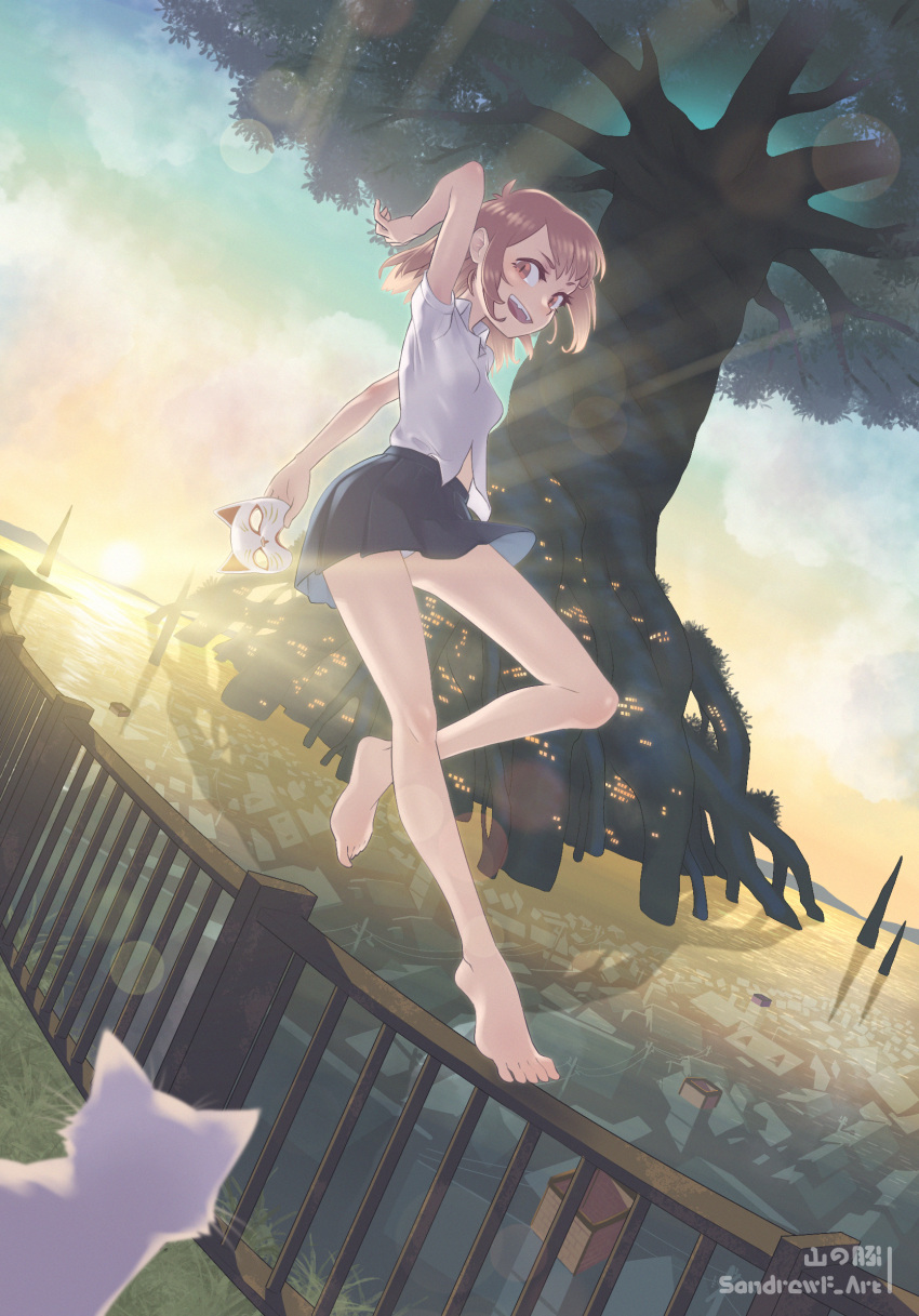 1girl, barefoot, cat, feet, highres, kneepits, legs, nakitai_watashi_wa_neko_wo_kaburu