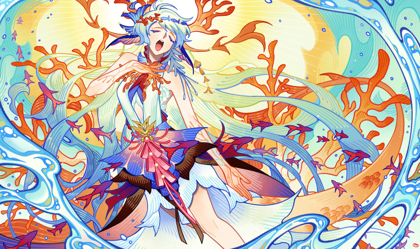 1girl, air_bubble, aqua_hair, bare_shoulders, blue_dress, bubble, closed_eyes, clothing_cutout