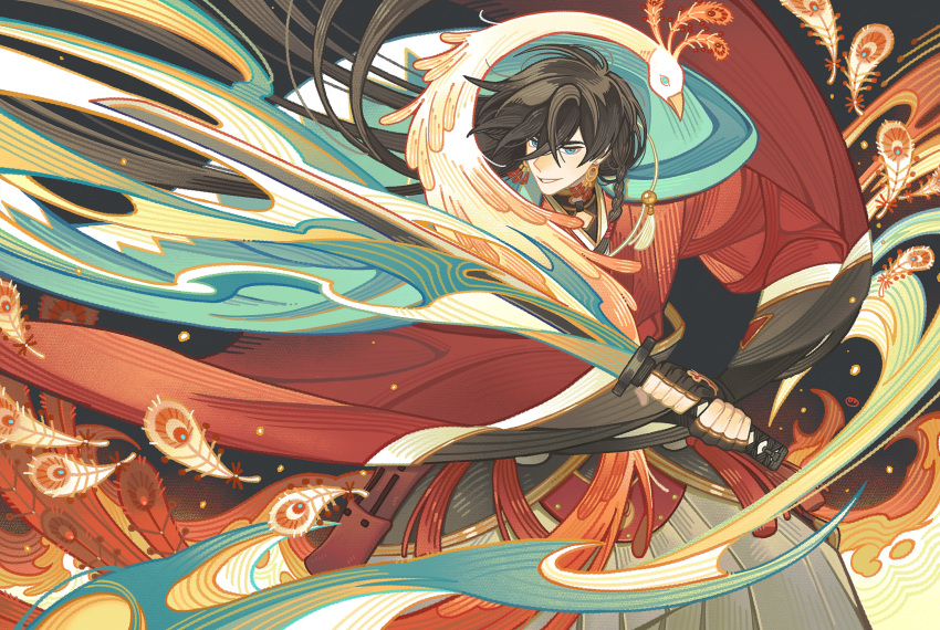 1boy, absurdres, aqua_cape, armor, bird, black_background, black_gloves, black_hair