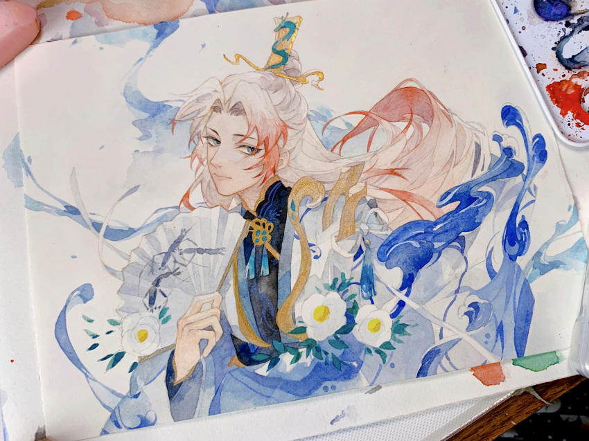 1boy, absurdres, aqua_eyes, art_tools_in_frame, camellia, chinese_clothes, closed_mouth, colored_tips