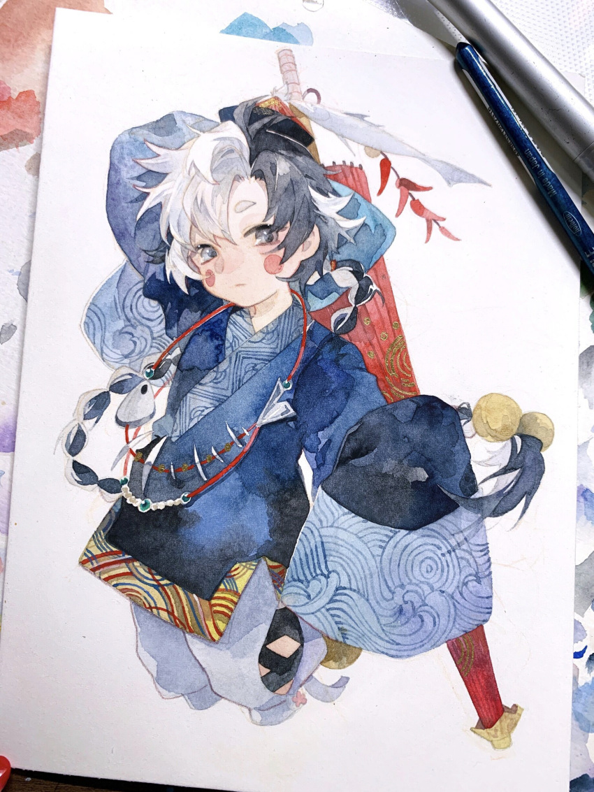 1boy, absurdres, arm_up, art_tools_in_frame, black_hair, blue_robe, blush_stickers, braid