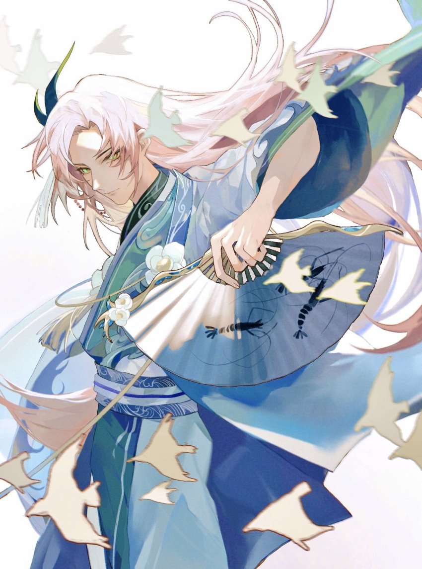 1boy, bird, chinese_clothes, closed_mouth, coat, cowboy_shot, expressionless, flower