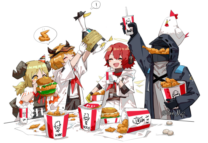 1other, 3girls, :d, ambiguous_gender, arknights, arm_up, asymmetrical_gloves, bird, blonde_hair, bound, bucket_of_chicken, burger, chicken, chicken_(food), chicken_wing, closed_eyes, commentary_request, croissant_(arknights), croissant_(seven_am)_(arknights), cup, demon_girl, demon_horns, detached_wings, disposable_cup, doctor_(arknights), drink, drinking_straw, duck_lord_(arknights), eating, exusiai_(arknights), exusiai_(city_rider)_(arknights), food, gloves, halo, hat, headphones, holding, holding_burger, holding_drink, holding_food, hood, hood_up, horns, ifrit_(arknights), ifrit_(children's_party)_(arknights), kfc, long_hair, mismatched_gloves, multiple_girls, neckerchief, nejikyuu, official_alternate_costume, open_mouth, party_hat, red_neckerchief, redhead, simple_background, smile, spoken_food, table, tied_up_(nonsexual), twitter_username, visor_cap, white_background, white_gloves, wings, yellow_gloves