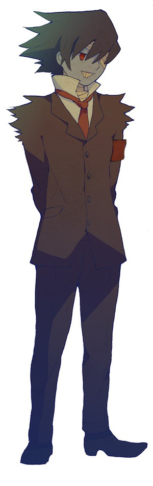 1boy, arms_behind_back, bandage_over_one_eye, black_footwear, black_pants, blue_skin, brown_jacket, collared_shirt