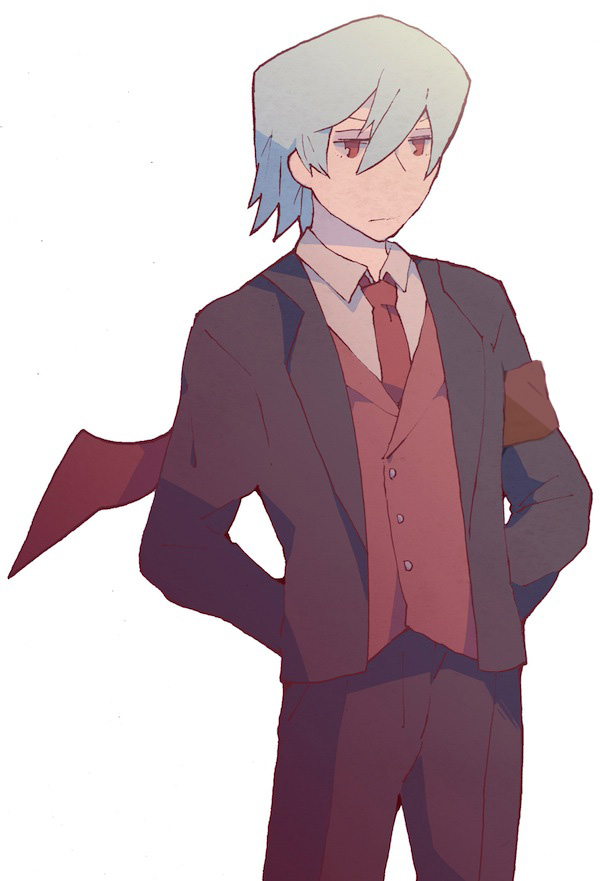 1boy, arms_behind_back, black_jacket, black_pants, closed_mouth, collared_shirt, cowboy_shot, grey_hair