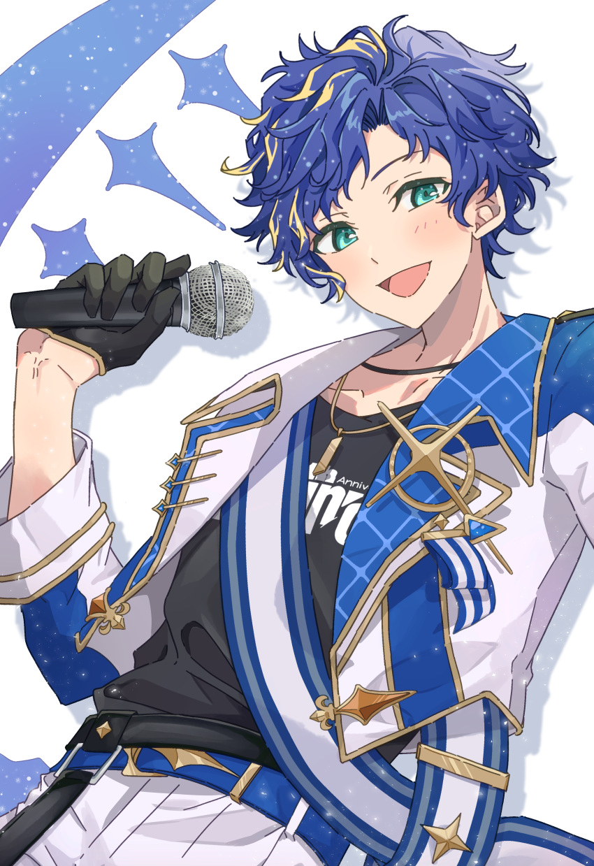 1boy, :d, absurdres, aqua_eyes, astel_leda, badge, belt, belt_buckle