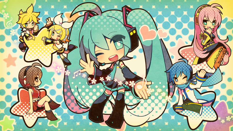 2boys, 4girls, ;p, ahoge, belt, black_skirt, blonde_hair, blue_eyes