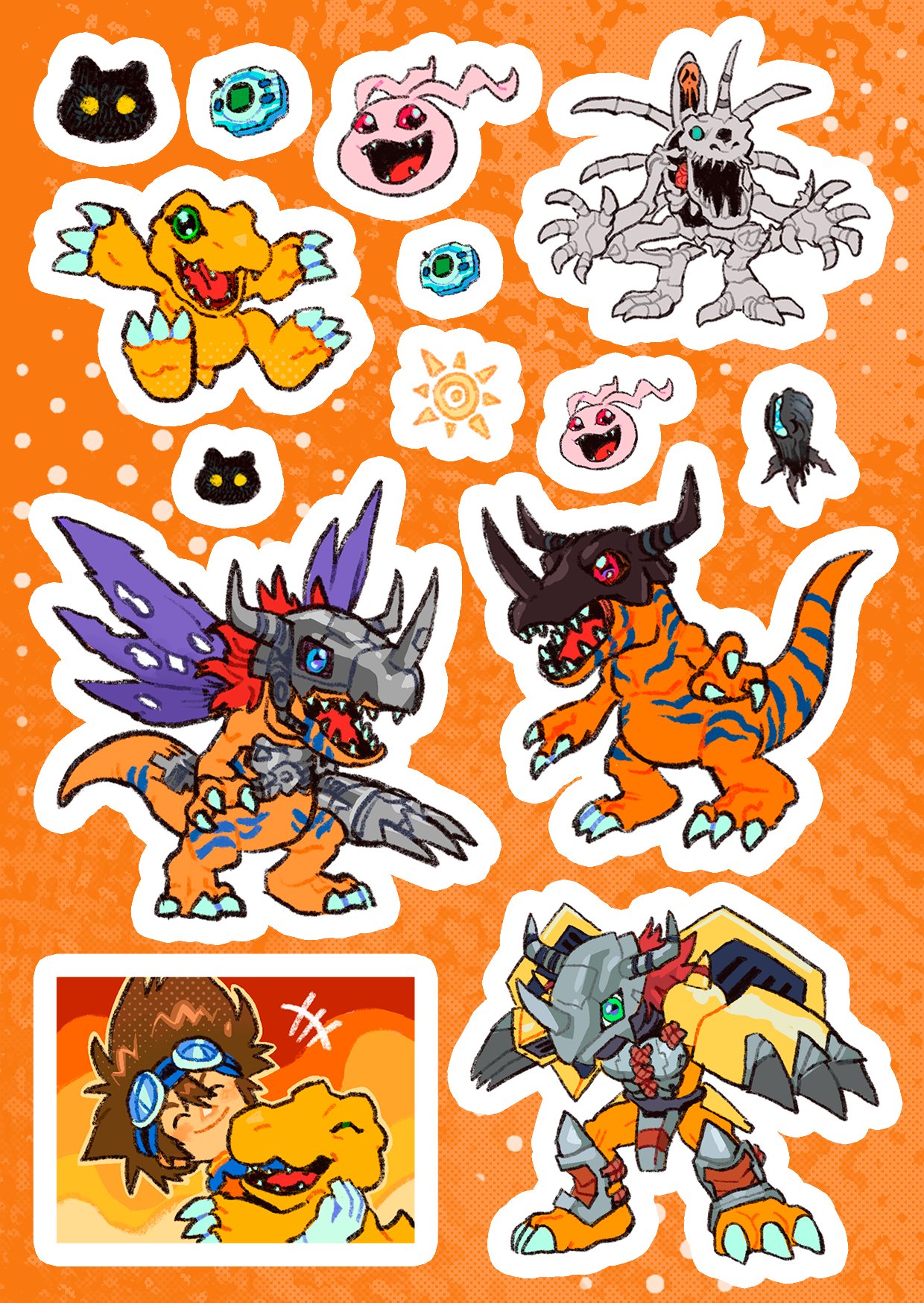 1boy, ^_^, agumon, animal_skeleton, armor, black_fur, blue_eyes, blue_shirt