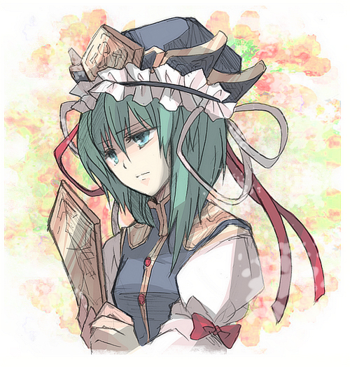 green_hair, hat, head_tilt, kegani, nervous, rod_of_remorse, sad, shikieiki_yamaxanadu
