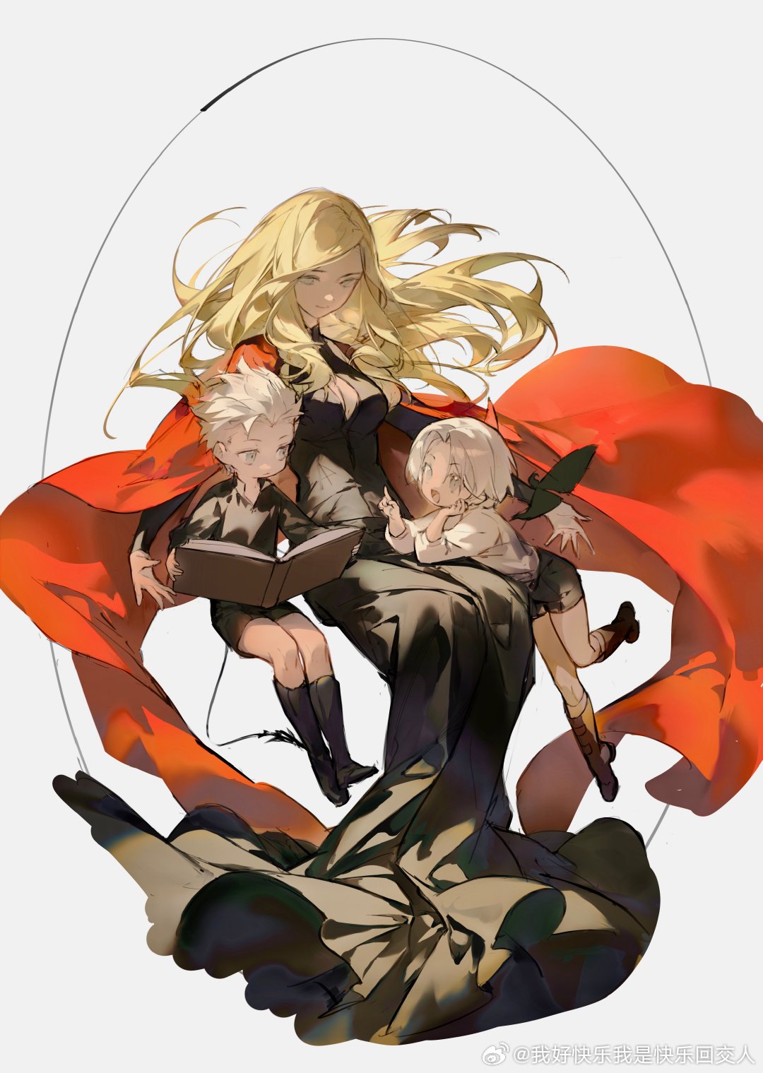 1girl, 2boys, aged_down, blonde_hair, blue_eyes, brothers, closed_mouth, dante_(devil_may_cry), devil_may_cry_(series), dress, eva_(devil_may_cry), family, hair_slicked_back, highres, holding, long_hair, mother_and_son, motherly, multiple_boys, parent_and_child, short_shorts, shorts, siblings, smile, vergil_(devil_may_cry), weibo_7054093389, white_hair