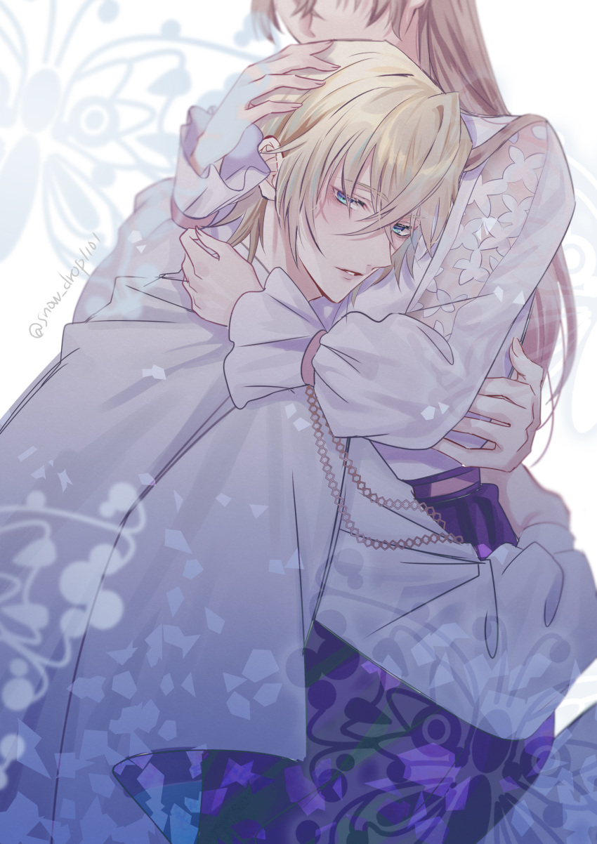 1boy, 1girl, absurdres, blonde_hair, brown_hair, cape, elbert_greetia, feet_out_of_frame