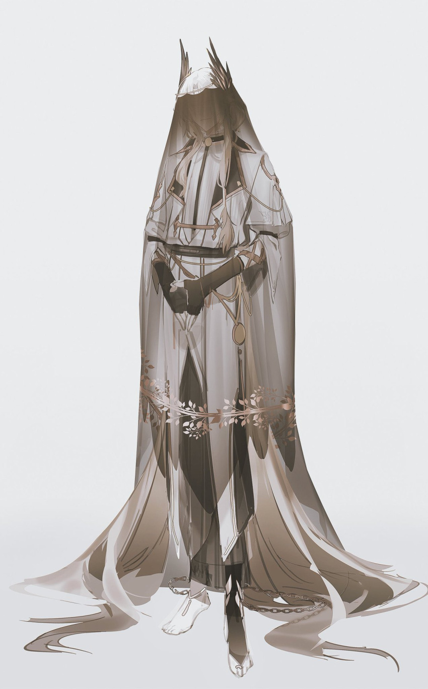 1boy, absurdly_long_hair, anklet, black_gloves, black_robe, black_sash, black_socks, black_veil, blonde_hair, bridal_legwear, chain, chijeuseukon, closed_mouth, covered_eyes, covered_face, curtained_hair, facing_viewer, fingerless_gloves, frilled_shirt_collar, frills, full_body, gloves, head_wings, highres, jewelry, lapels, long_hair, long_sleeves, low_ponytail, male_focus, multicolored_clothes, no_shoes, notched_lapels, original, own_hands_together, parted_bangs, puffy_sleeves, robe, sash, shirt, sidelocks, simple_background, single_sock, sleeves_past_elbows, smile, socks, solo, two-tone_robe, veil, veil_over_eyes, very_long_hair, white_background, white_robe, white_shirt, wings