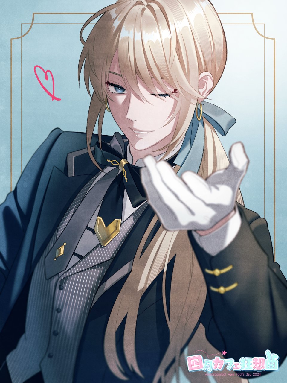 1boy, ;), alpaca_connect, beckoning, black_bow, black_bowtie, black_jacket, blue_background, blue_eyes, blue_ribbon, bow, bowtie, chinese_clothes, earrings, framed_image, gloves, grey_vest, hair_between_eyes, hair_over_shoulder, hair_ribbon, heart, highres, hoop_earrings, jacket, jewelry, lapels, long_hair, long_sleeves, looking_at_viewer, low_ponytail, male_focus, mandarin_collar, notched_lapels, one_eye_closed, open_clothes, open_jacket, parted_lips, pinstripe_pattern, pinstripe_vest, ribbon, satono_omo, shirt, smile, solo, swept_bangs, tangzhuang, upper_body, vest, white_gloves, white_shirt
