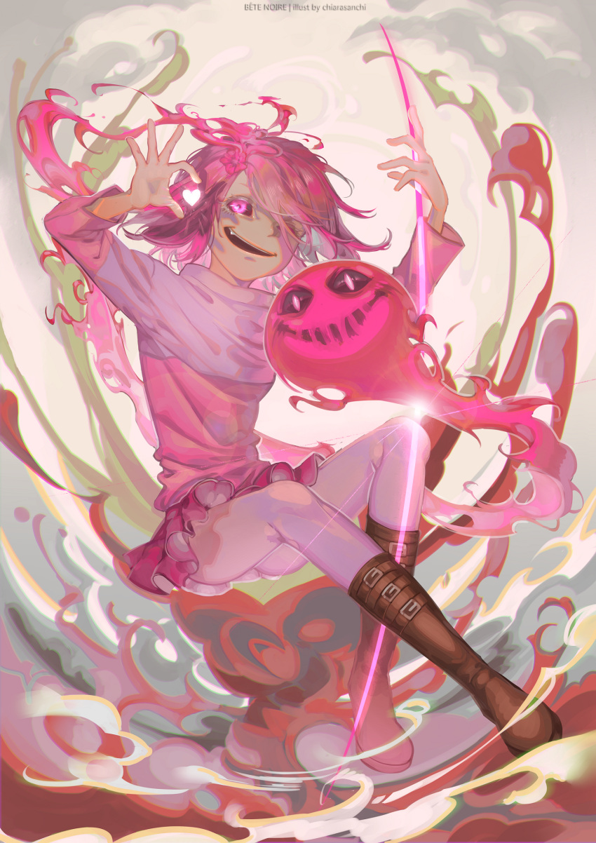 1girl, akumu_(glitchtale), alternate_universe, arm_up, artist_name, bete_noire, black_sclera, boots