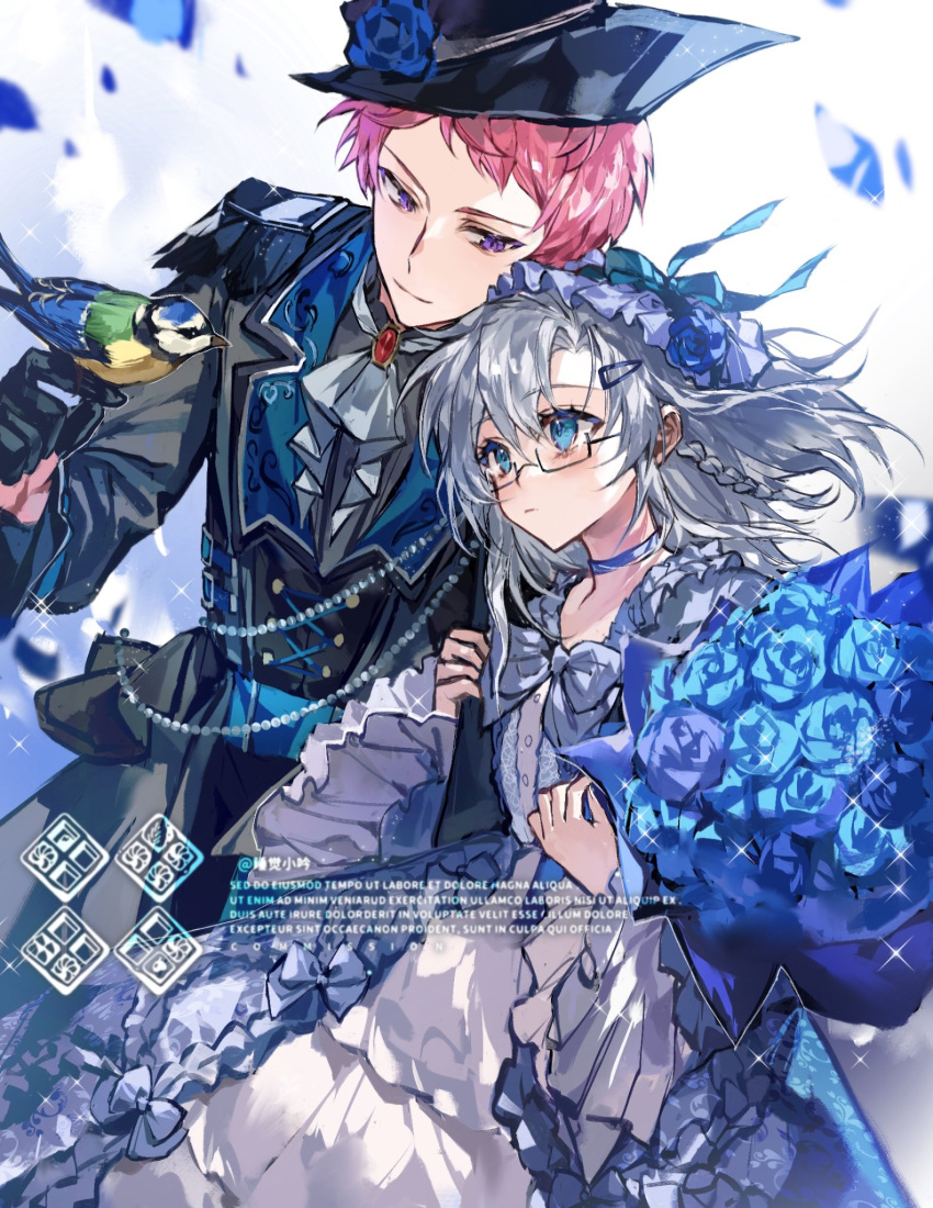 1boy, 1girl, :<, arm_hug, ascot, bell_sleeves, belt, bird