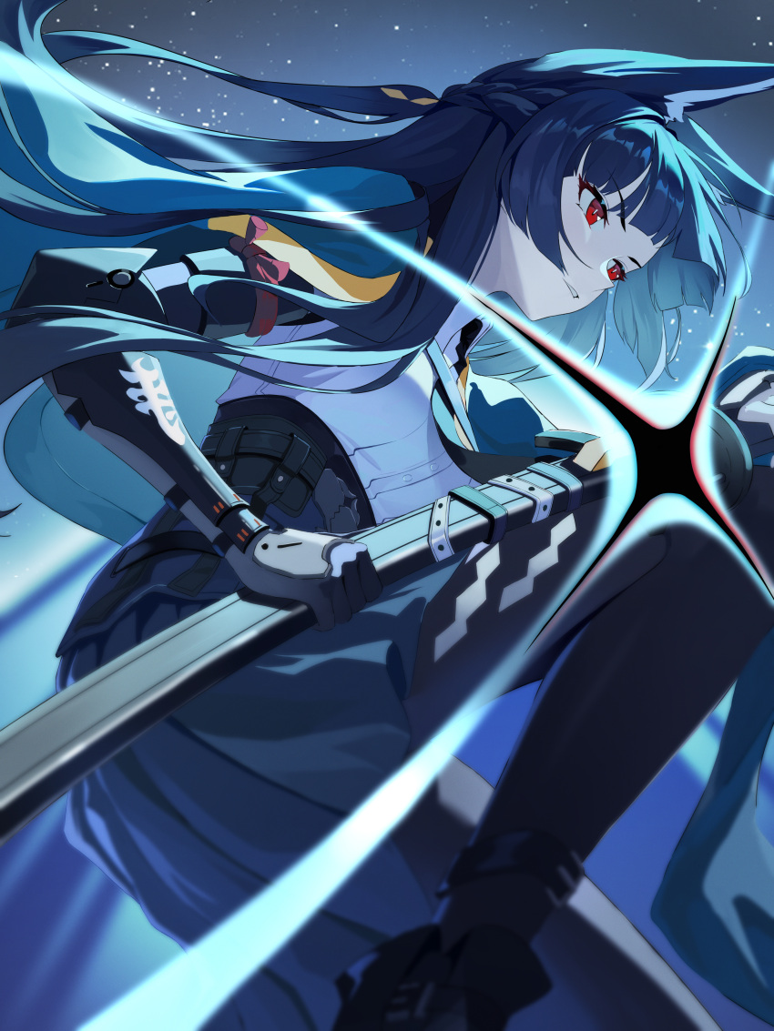 1girl, absurdres, animal_ears, aqua_jacket, black_hair, black_necktie, black_pantyhose, black_skirt