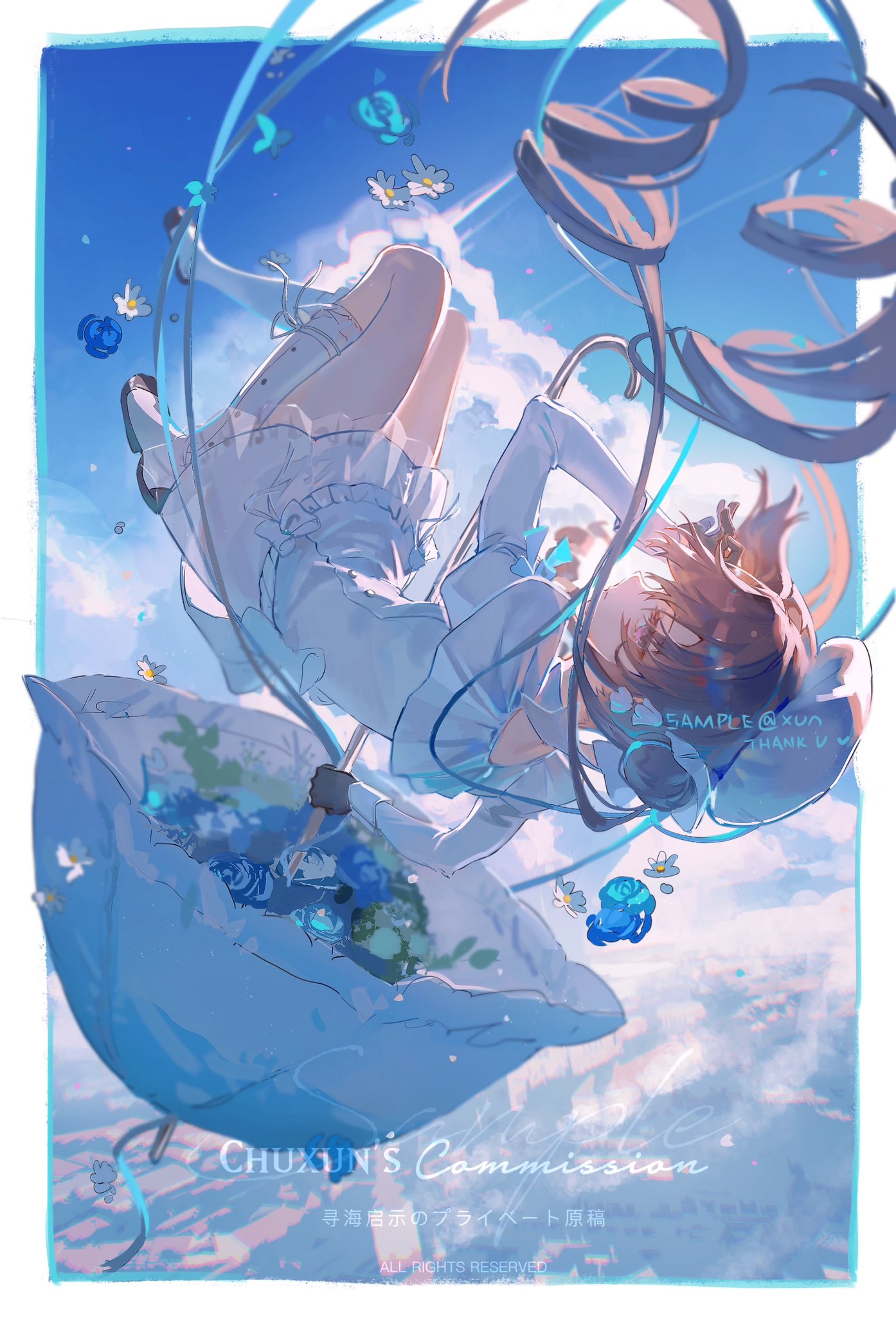 1girl, artist_name, black_gloves, blue_sky, brown_hair, commission, dress, drill_hair, falling, gloves, hair_between_eyes, highres, holding, holding_umbrella, long_hair, looking_ahead, original, outdoors, sanyue_xun, sidelocks, sky, solo, umbrella, white_dress