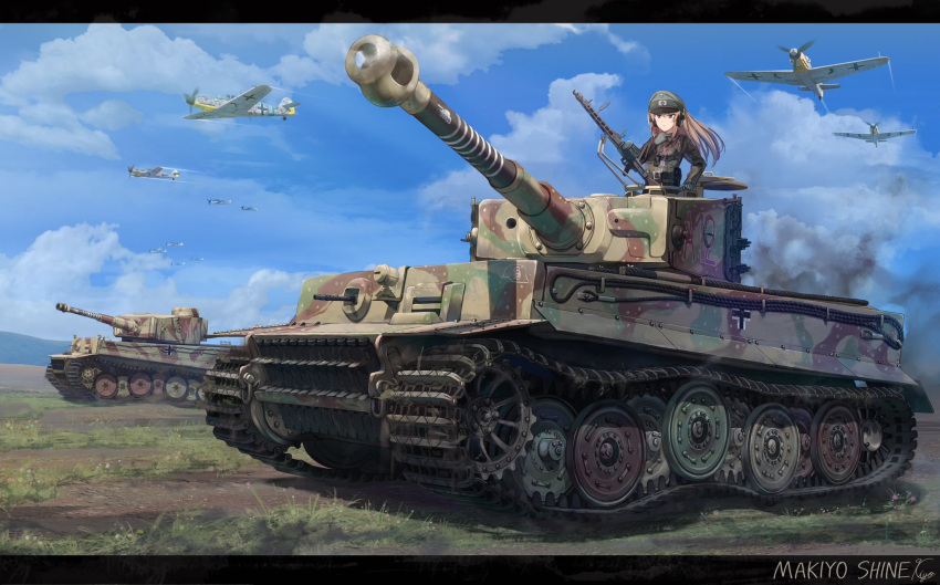 1girl, artist_name, balkenkreuz, battle, bf_109, black_border, border, camouflage
