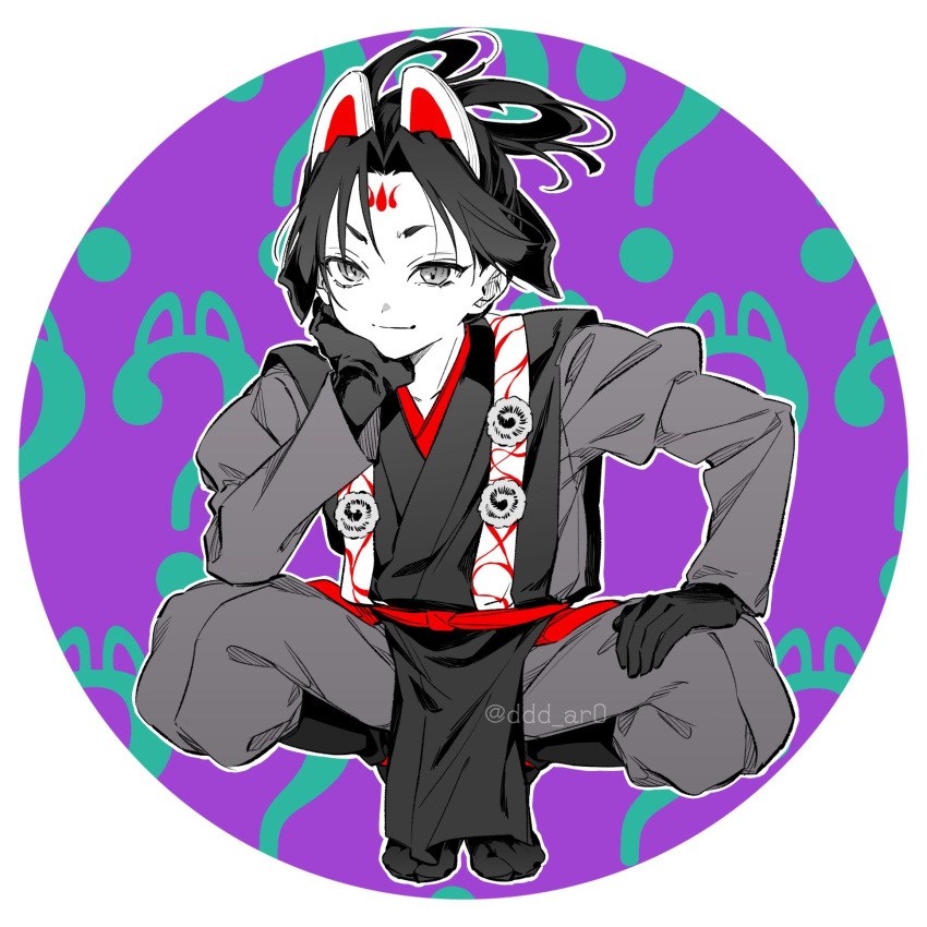 1boy, animal_ears, black_footwear, black_gloves, black_hair, border, bow-shaped_hair, closed_mouth