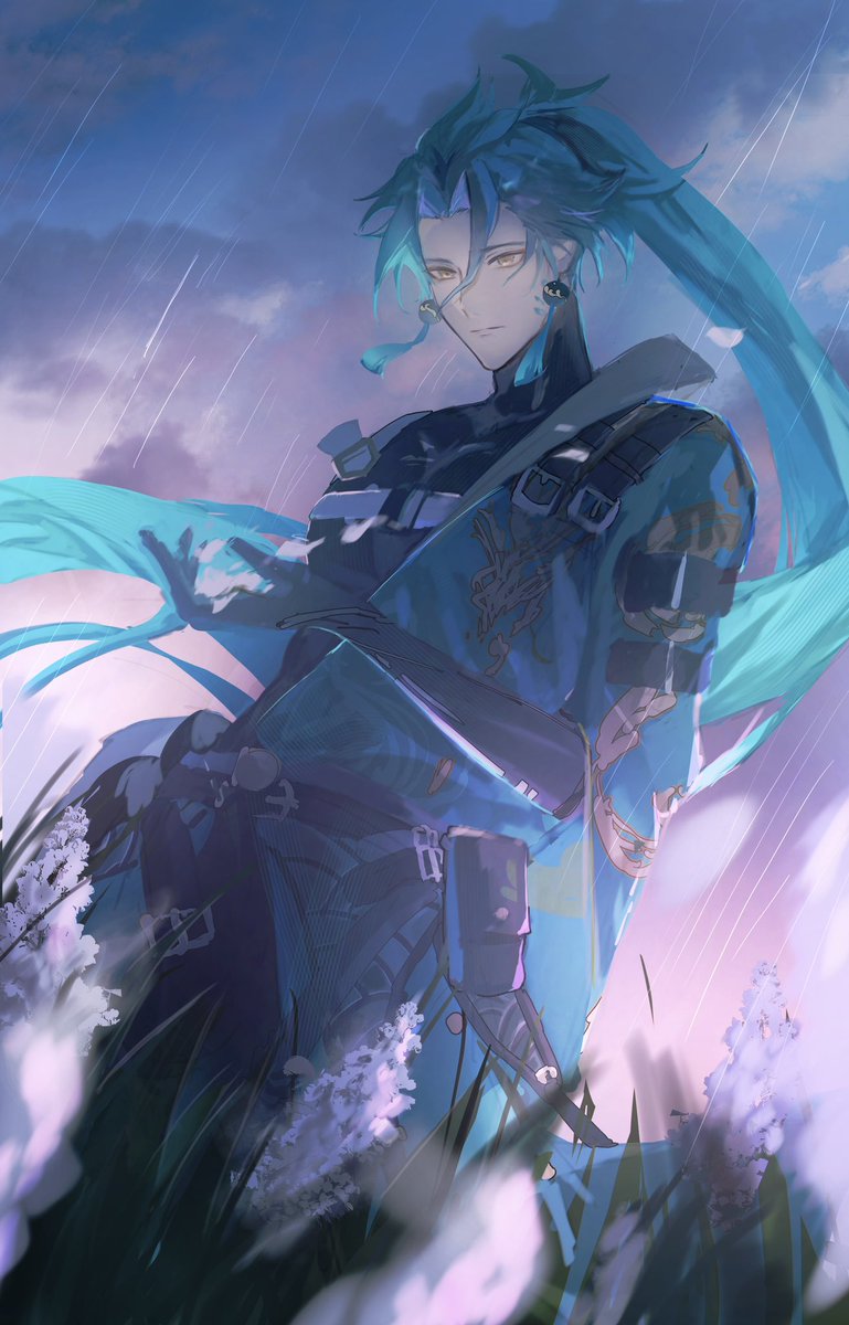 1boy, absurdly_long_hair, arm_belt, asymmetrical_clothes, belt, belt_pouch, black_belt, black_gloves, black_shirt, blue_hair, blue_sash, closed_mouth, clouds, compression_shirt, dutch_angle, ear_piercing, earrings, elbow_gloves, floating_hair, flower, gloves, green_kimono, hair_between_eyes, hand_up, highres, holding, holding_petal, japanese_clothes, jewelry, jiyan_(wuthering_waves), kimono, long_hair, looking_at_hand, male_focus, petals, piercing, pouch, print_kimono, rain, raincloud, sash, scales, shirt, sky, solo, storm, tassel, tassel_earrings, undershirt, very_long_hair, wide_sleeves, wuthering_waves, yellow_eyes, yobi45697