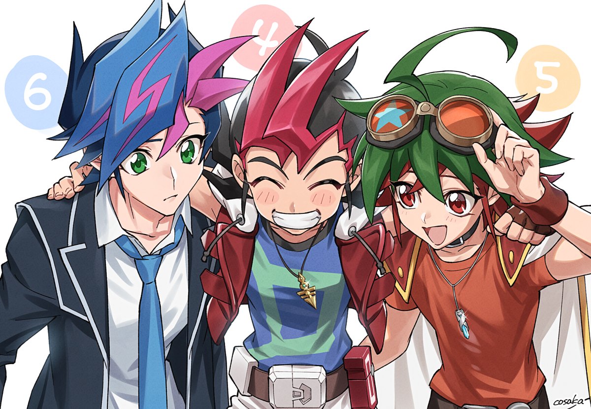 3boys, black_hair, blue_hair, fujiki_yusaku, goggles, goggles_on_head, green_eyes, green_hair