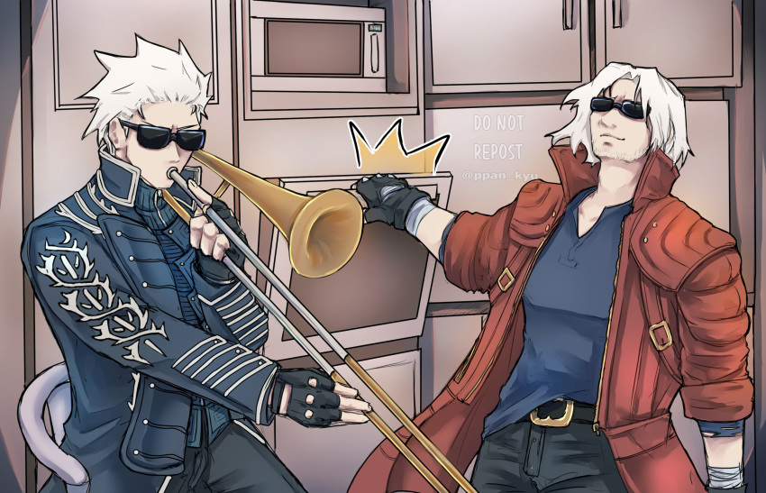 2boys, artist_name, bandaged_hand, bandages, belt, black_belt, black_gloves, black_pants