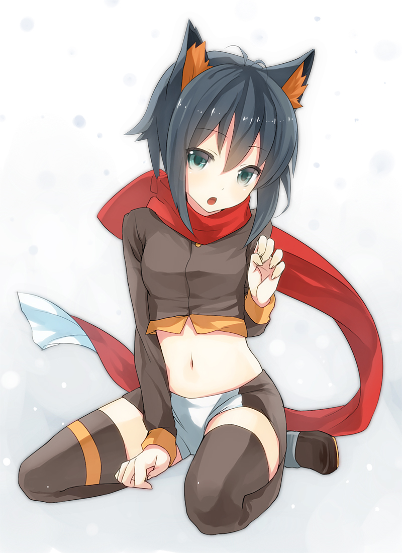 animal_ears, aqua_eyes, black_hair, black_legwear, black_thighhighs, fingernails, green_eyes, grey_hair