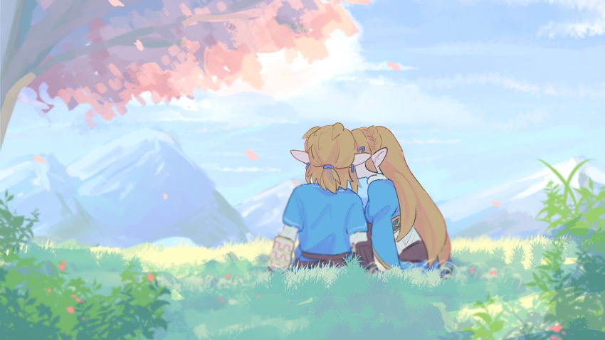 1boy, 1girl, arm_support, belt, blonde_hair, blue_sky, blue_tunic, brown_belt