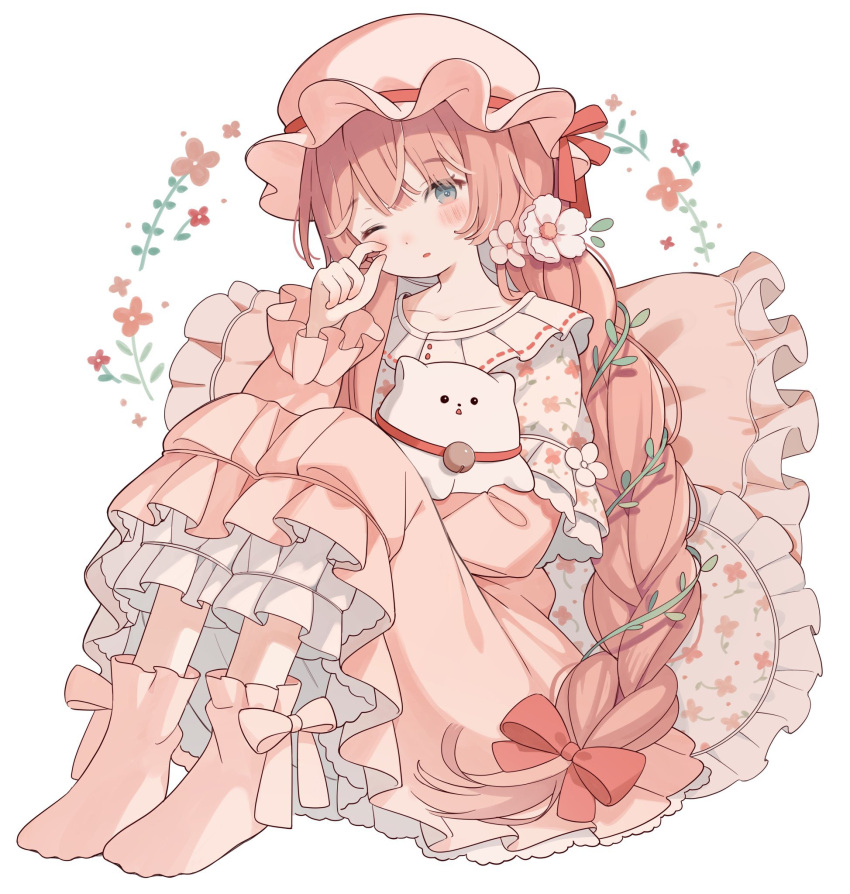 1girl, animal, blue_eyes, blush, braid, cat, dress, flower