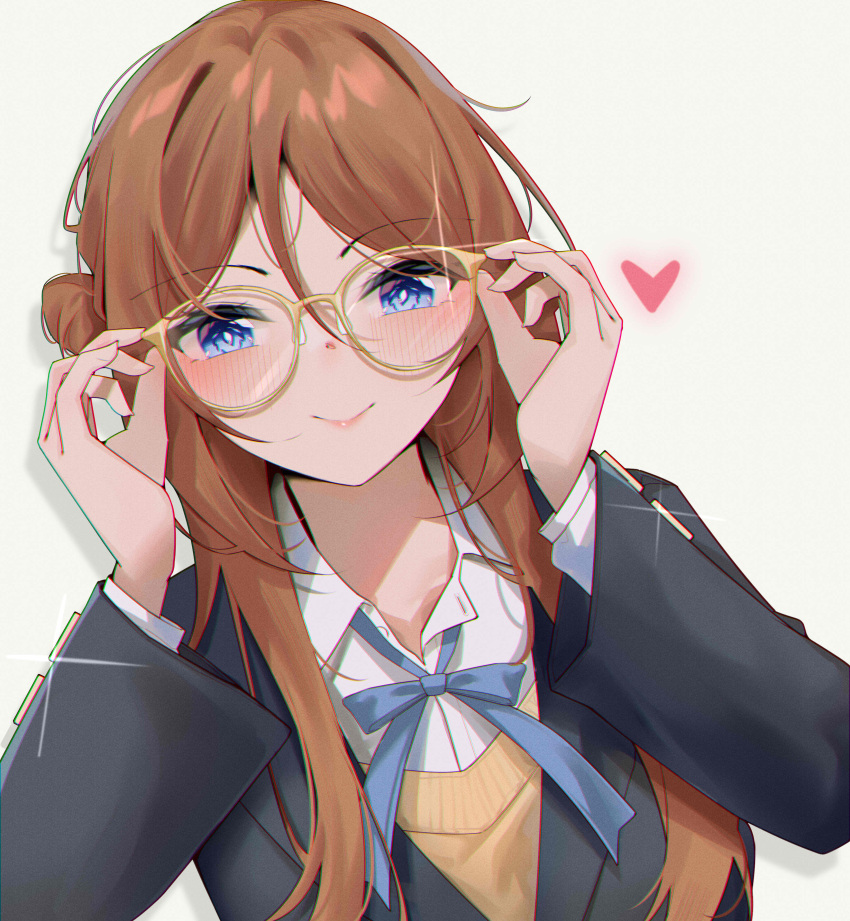 1girl, absurdres, bespectacled, black_jacket, blazer, blue_eyes, blue_ribbon, blush