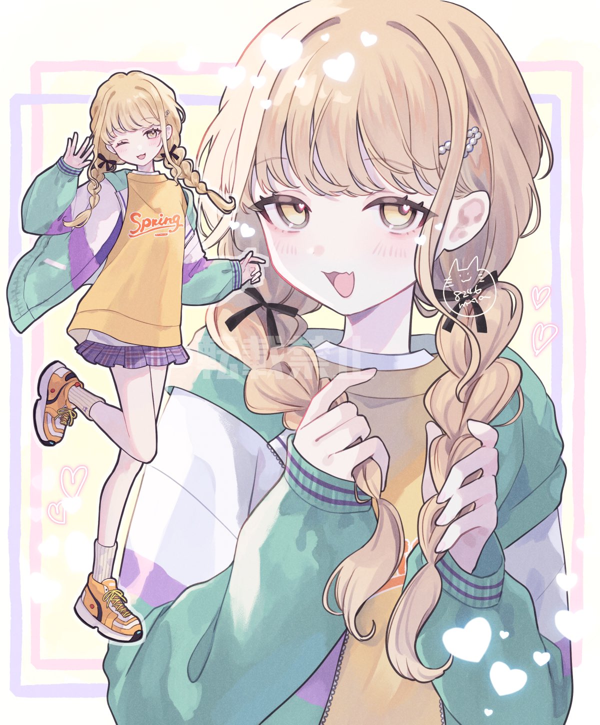 1girl, ;d, blonde_hair, blue_skirt, blush, braid, commentary_request, fujita_kotone
