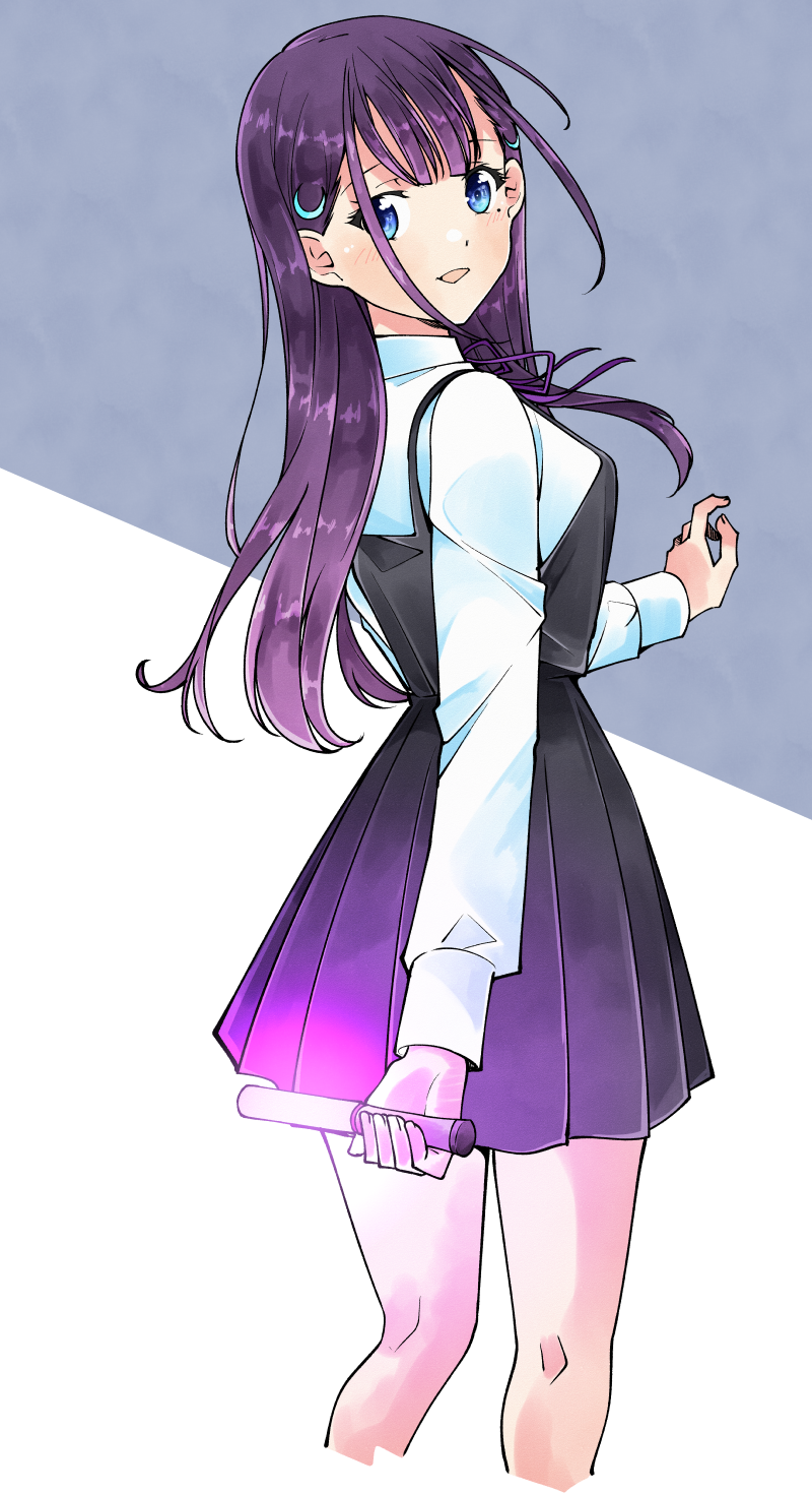1girl, 22/7, black_skirt, blue_hair, center-flap_bangs, collared_shirt, fanged_bangs, from_behind