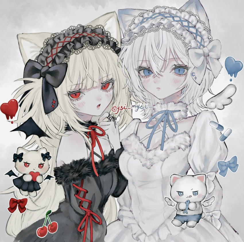 2girls, angel, angel_wings, animal_ears, black_bow, black_dress, blonde_hair, blue_eyes