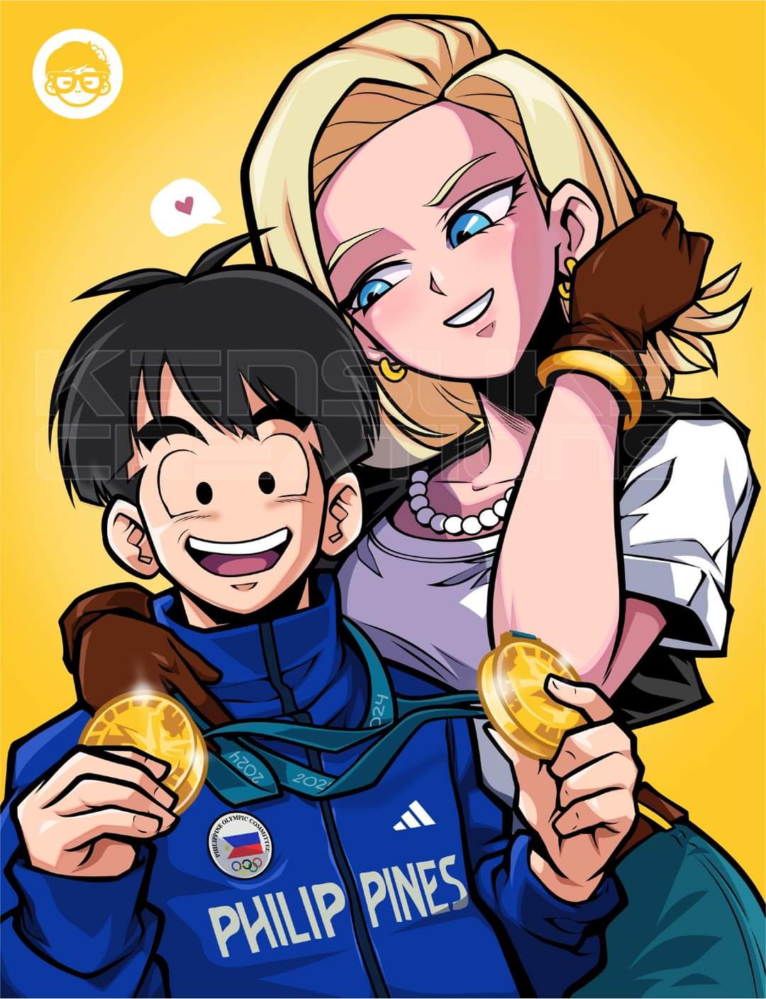 1boy, 1girl, 2024_summer_olympics, android_18, animification, carlos_yulo, dragon_ball, krillin, medal, olympics, philippines, real_life