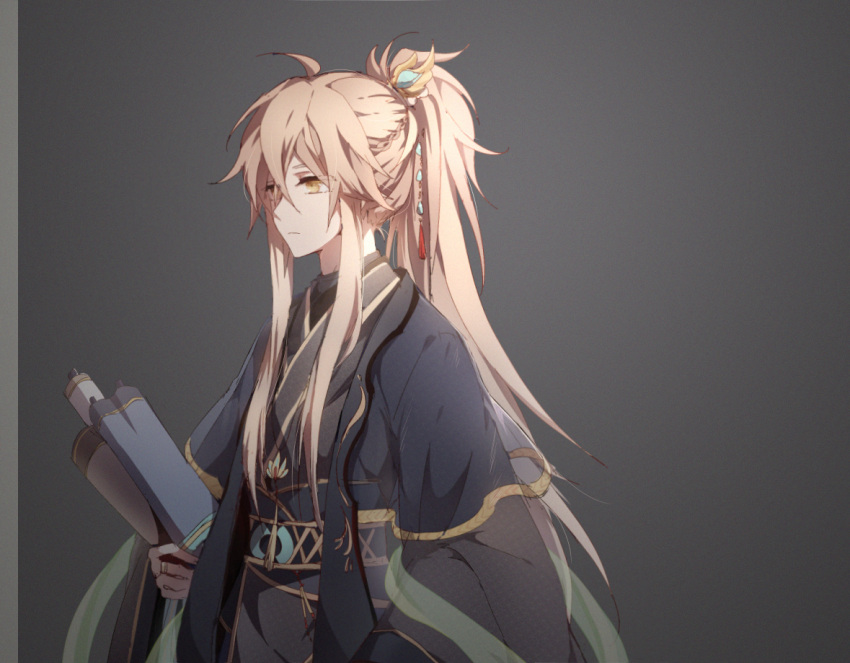 1boy, ahoge, alternate_hairstyle, black_robe, black_sash, brown_hair, chisuhuimo, closed_mouth