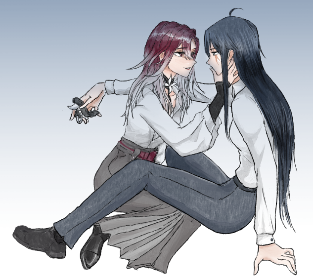 2girls, between_legs, black_footwear, black_hair, collared_shirt, commentary_request, gradient_background, gradient_hair, grey_background, grey_pants, grey_skirt, hand_on_another's_face, holding, holding_mask, jrnc23, korean_commentary, long_hair, long_sleeves, mask, multicolored_hair, multiple_girls, pants, parted_lips, path_to_nowhere, rahu_(path_to_nowhere), red_eyes, redhead, scar, scar_across_eye, shalom_(path_to_nowhere), shirt, sitting, skirt, smile, white_background, white_hair, white_shirt, yuri