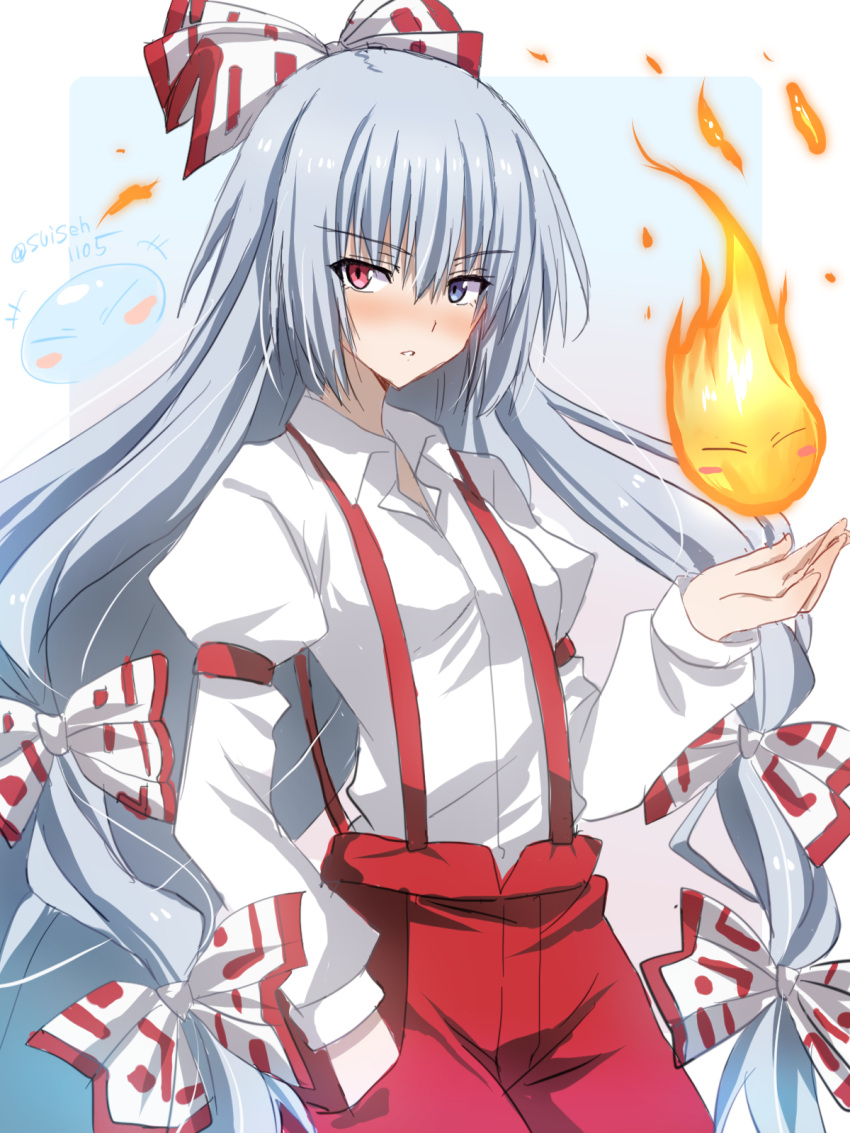1girl, 1other, akatsuki_(ggsy7885), armband, blue_background, blue_eyes, blush, blush_stickers, border, breasts, closed_eyes, collared_shirt, commentary_request, cosplay, cowboy_shot, fireball, fujiwara_no_mokou, fujiwara_no_mokou_(cosplay), grey_hair, hair_ribbon, hand_in_pocket, heterochromia, highres, long_hair, long_sleeves, looking_at_viewer, luminous_valentine, outside_border, overalls, parted_lips, red_armband, red_eyes, red_overalls, red_ribbon, ribbon, rimuru_tempest_(slime), shirt, small_breasts, solo_focus, standing, tensei_shitara_slime_datta_ken, touhou, twitter_username, two-tone_ribbon, very_long_hair, white_border, white_ribbon, white_shirt